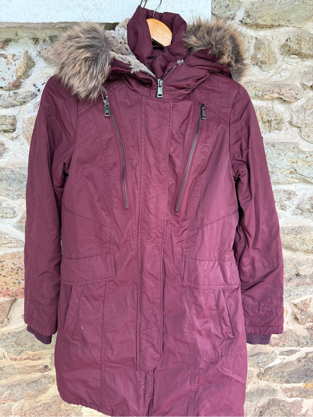 1 Madison Expedition Long Winter Coat Maroon Size Small Faux Fur